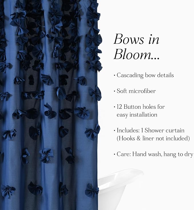 Lush Decor Riley Shower Curtain, 72" W x 72" L, Navy - Bathroom Curtain - Coquette Decor - Bow Shower Curtains - Cottage Core - Fabric Shower Curtains