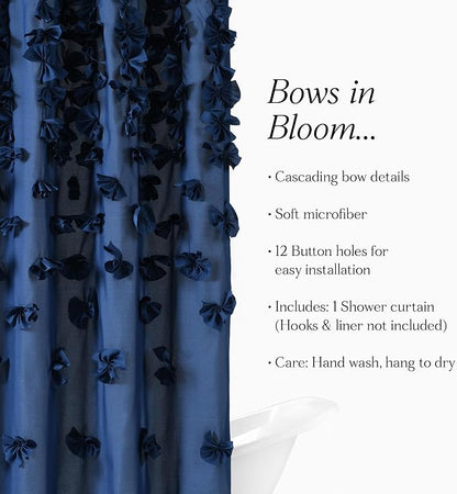 Lush Decor Riley Shower Curtain, 72" W x 72" L, Navy - Bathroom Curtain - Coquette Decor - Bow Shower Curtains - Cottage Core - Fabric Shower Curtains