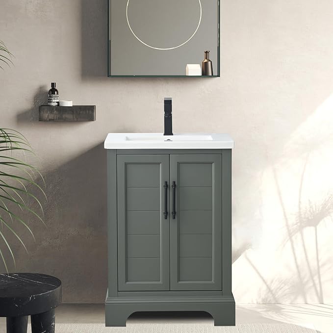 HOMEBEYOND 24 Inch Bathroom Vanity with Single Sink & Ceramic Top, Vanity Cabinet with Center Countertop Basin, Soft-Closing Doors,Vintage Green