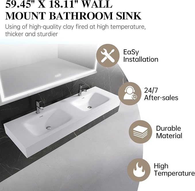 Wall Mount Double Bathroom Sink 59"L x 18"W x 5"H, Resin Stone Floating Sink with Facuet Holes, Rectangle Countertop Freestanding Vessel Sinks (Double Holes 59'')
