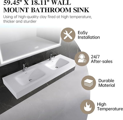 Wall Mount Double Bathroom Sink 59"L x 18"W x 5"H, Resin Stone Floating Sink with Facuet Holes, Rectangle Countertop Freestanding Vessel Sinks (Double Holes 59'')