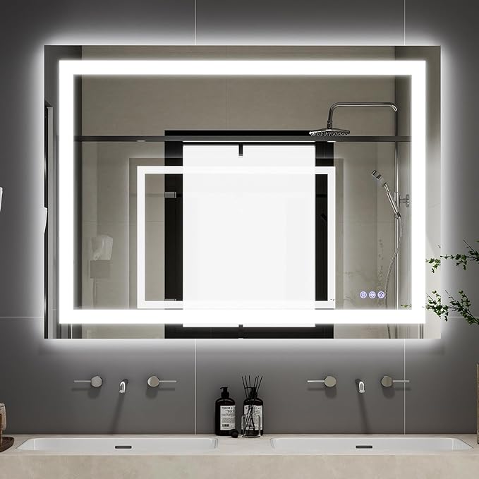 VooBang LED Bathroom Mirror 32 x 40 inches - 3 Adjustable Lighting Modes Lighted Smart Bathroom Vanity Mirror, Anti-Fog, Memory Function, Tempered Glass, Wall Mounted Horizontally Vertically