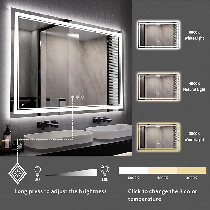 LED Mirror, 55x36 Inch Gradient Front and Backlit Lighted Bathroom Mirror, 3 Colors Dimmable CRI>90 Double Lights, IP54 Enhanced Anti-Fog, Hanging Plates Wall Mount Bathroom Mirror