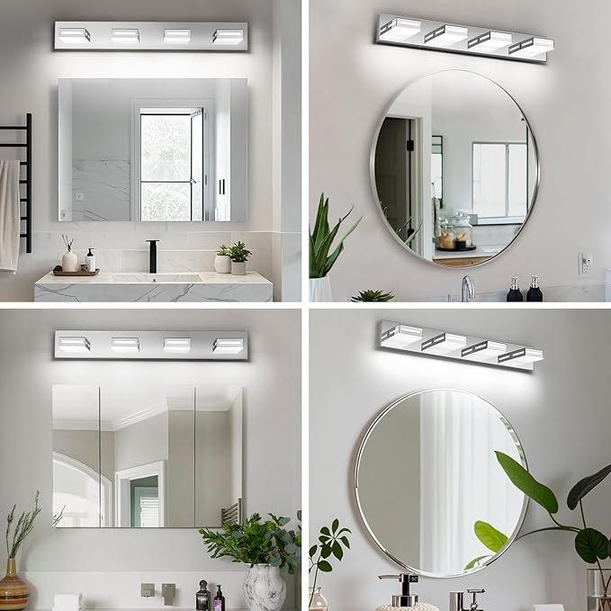 LED Modern Bathroom Light Fixtures, 4-Light 30-Inch Chrome Vanity Lights for Bathroom Lighting Fixtures Over Mirror, 350° Rotatable Acrylic, 6000K Cool White Wall Lamp