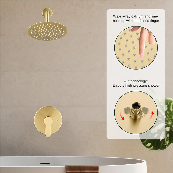 Heyalan 8-Inch Round Rain Shower Faucet Set with Valve,Brushed Gold | SUS304 stainless steel shower head, brass rough-in valve, single-handle control, 1.8 GPM, ideal for bathroom remodels