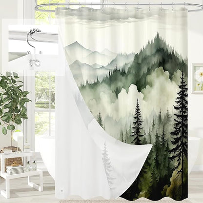 Litabel 3 in 1 Extra Long Dark Green Forest Shower Curtain Set-72 W x 84 H, Modern Spring Shower Curtain and Waterproof Fabric PEVA Liner Set with 12 Stainless Steel Hooks
