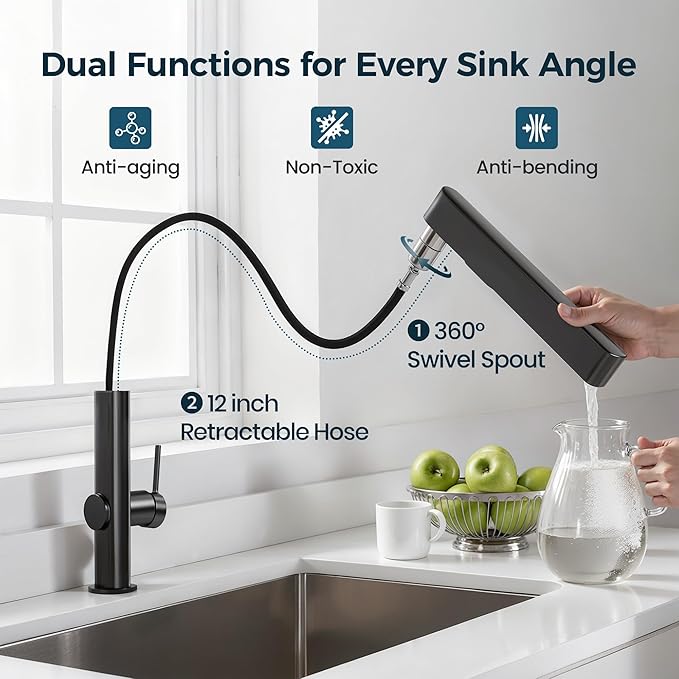 Kitchen Faucet with Pull Down Sprayer,Stainless Steel Waterfall Single Handle Kitchen Faucet with 360° Swivel Sprayer and EPDM Inlet Hose,Matte Grey