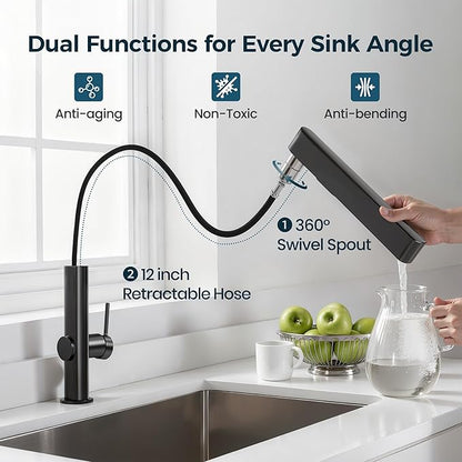 Kitchen Faucet with Pull Down Sprayer,Stainless Steel Waterfall Single Handle Kitchen Faucet with 360° Swivel Sprayer and EPDM Inlet Hose,Matte Grey