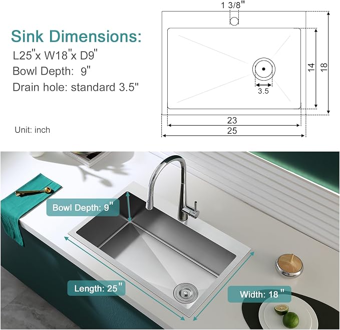 Brushed Topmount Kitchen Sink - 25”×18” Single Bowl Sink, Sink Grid | 9 Inch Deep Handmade Bar Sink with Strainer, Stainless Steel 304, Right Side Drain, X-Groove Drainage, Sound-Dampening Pad