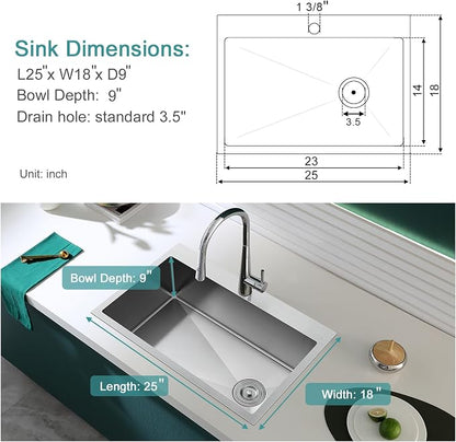 Brushed Topmount Kitchen Sink - 25”×18” Single Bowl Sink, Sink Grid | 9 Inch Deep Handmade Bar Sink with Strainer, Stainless Steel 304, Right Side Drain, X-Groove Drainage, Sound-Dampening Pad
