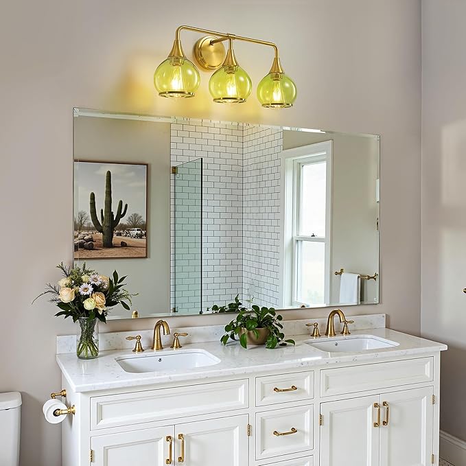 Brushed Gold Bathroom Vanity Light 3-Lights Bathroom Light Fixtures Over Mirror with Green Clear Glass Shade 22.4 inch Wall Sconce Lighting Bath(Exclude E26 Bulb)