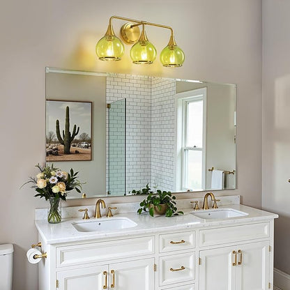Brushed Gold Bathroom Vanity Light 3-Lights Bathroom Light Fixtures Over Mirror with Green Clear Glass Shade 22.4 inch Wall Sconce Lighting Bath(Exclude E26 Bulb)