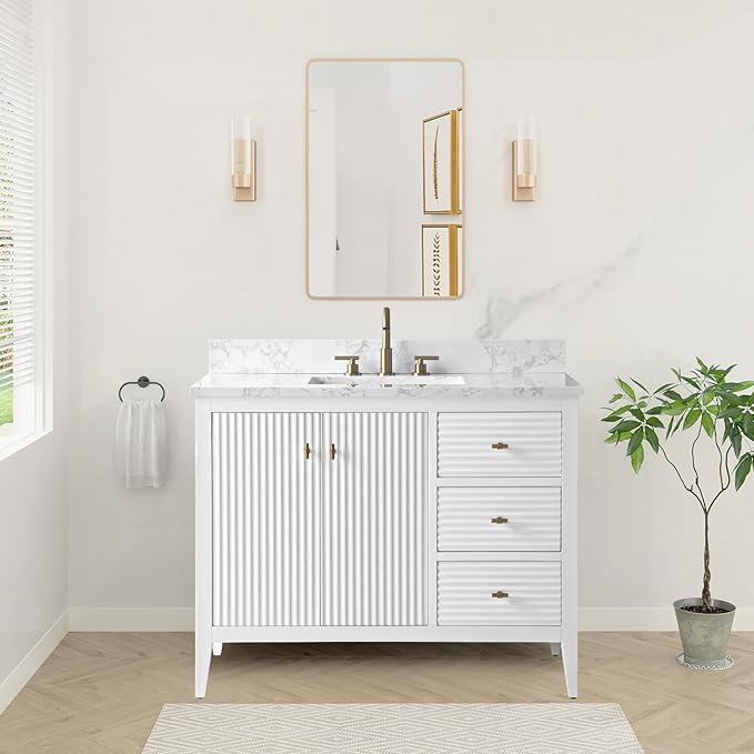 HOMEBEYOND 42" Bathroom Vanity with Sink, Solid Wood Bathroom Vanity Free-Standing Cabinet, Drawers, Ceramic Top & Soft Closing Door, Golden Brushed Handware, White