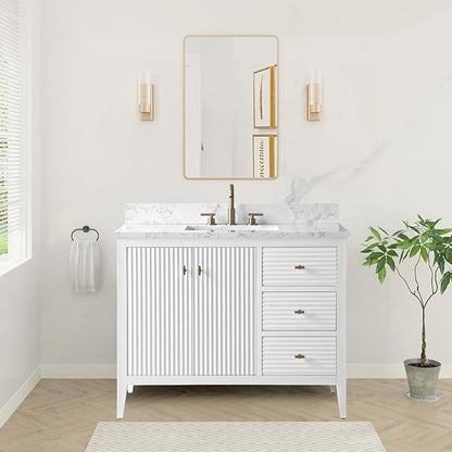 HOMEBEYOND 42" Bathroom Vanity with Sink, Solid Wood Bathroom Vanity Free-Standing Cabinet, Drawers, Ceramic Top & Soft Closing Door, Golden Brushed Handware, White