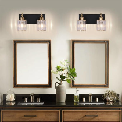 Black and Gold Bathroom Vanity Lights, 2-Light Crystal Bathroom Light Fixtures Over Mirror, 14 Inch Modern Farmhouse Vanity Light, Brass Gold Wall Sconces for Bath Mirror Kitchen Hallway Cabinet