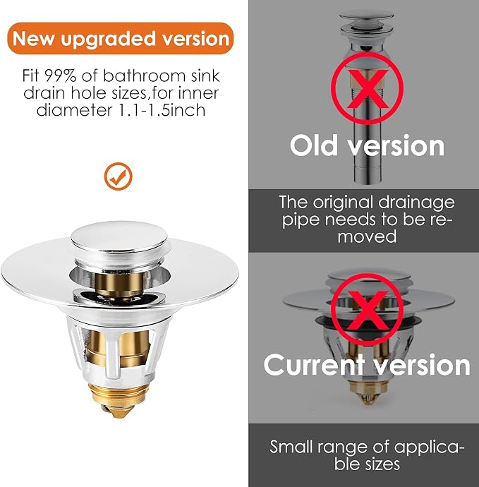 Universal Bathroom Sink Stopper, Basin Pop-up Bathroom Sink Drain Strainer, Bathroom Drain Stopper with Stainless Steel Hair Catcher for 1.1-1.5 Inch Drain(1 PCS, Silver)