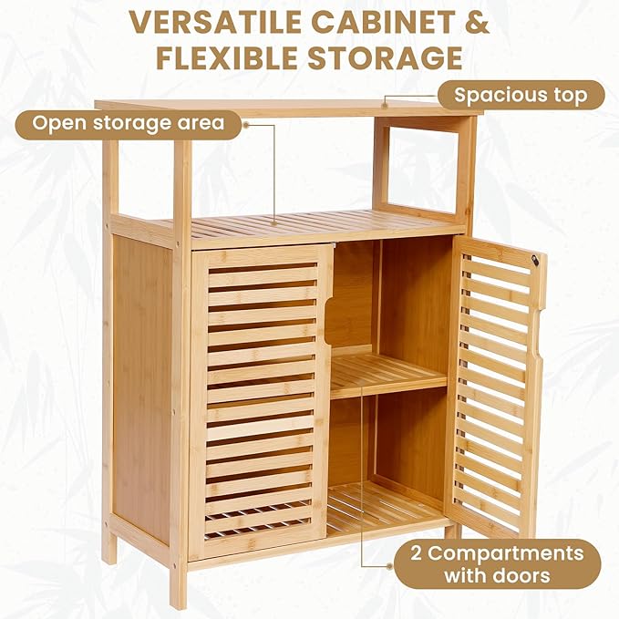Bamboo Storage Cabinet with Doors, Floor Freestanding Cabinet with Shelves for Bathroom, Kitchen, Living Room