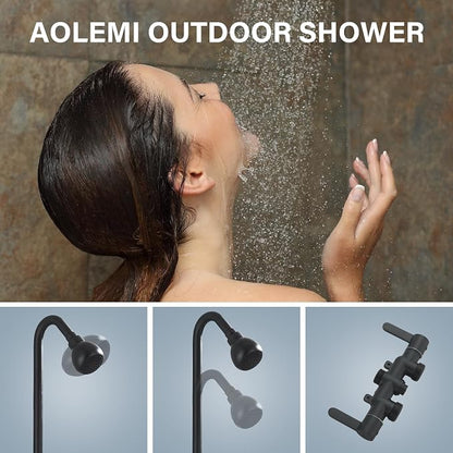 Outdoor Shower Kit with Matte Black Stainless Steel Rain Shower Head and Double-handle Straight-blade Handwheel,3 Inch Center Brass Outdoor Shower Fixtures
