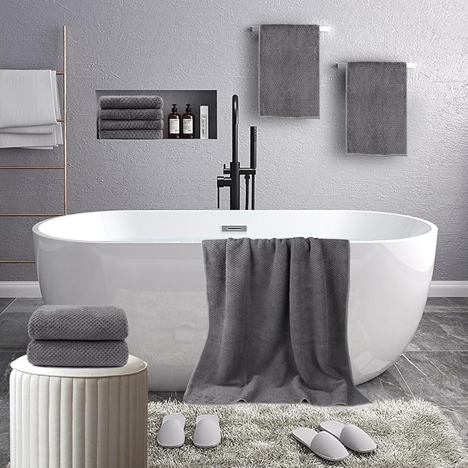 HOMEXCEL 8PK Bath Towel Set, Soft Absorbent, 2 Bath, 2 Hand, 4 Wash, Grey | Light Weight, Quick Drying Towel Set for Bathroom, Gym, Hotel, SPA, Sport, Yoga, Fitness