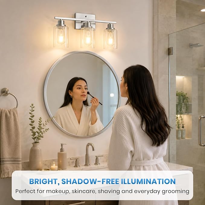 Ascher 3 Light Bathroom Light Fixture, Brushed Nickel Bathroom Lighting Fixtures Over Mirror, Vanity Light with Clear Glass Shade, Wall Sconce for Living Room Bedroom Cabinet, E26 Base