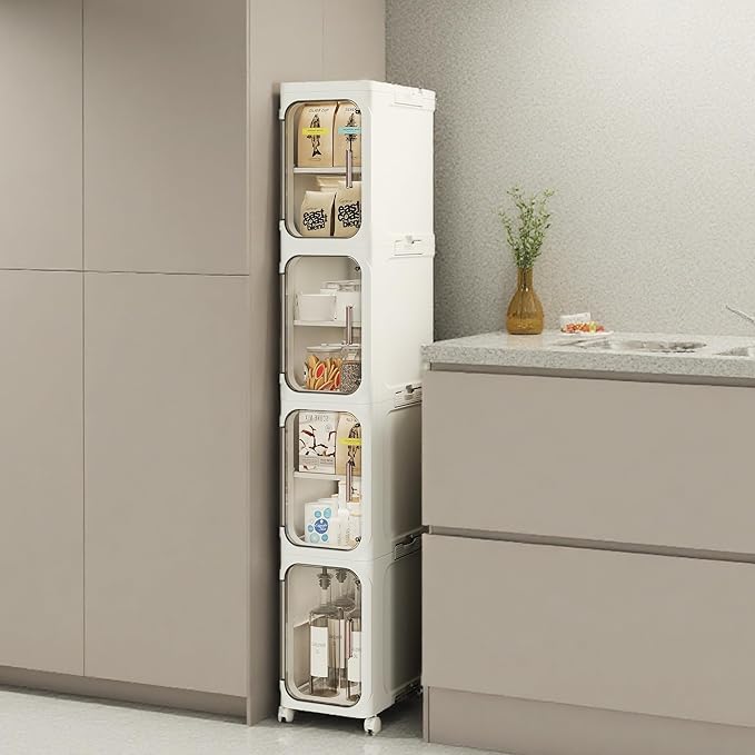 Narrow Bathroom Storage Cabinet with Wheels, 4-Tier Plastic Slim Cabinets with Adjustable Shelves for Small Spaces,Bathroom, Kitchen, Milky White