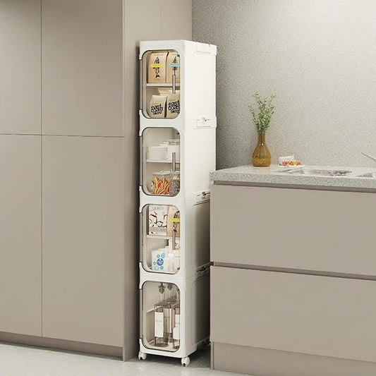 Narrow Bathroom Storage Cabinet with Wheels, 4-Tier Plastic Slim Cabinets with Adjustable Shelves for Small Spaces,Bathroom, Kitchen, Milky White