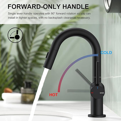 KENES Pull Down Bathroom Faucet with Sprayer, Matte Black Single Handle Bathroom Sink Faucet with Pull Out Sprayer, Vanity Bar Faucet with Pop Up Drain & Deck Plate, KE-9065B-2