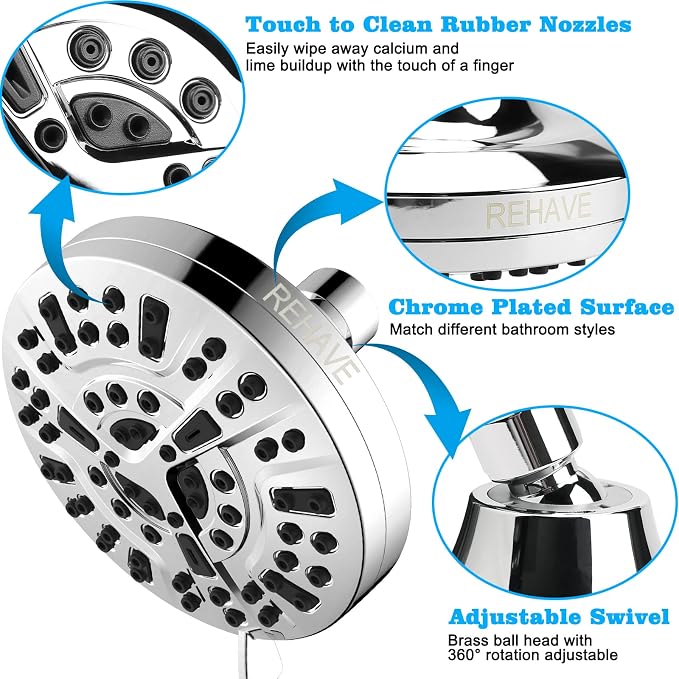 5.1-Inch Rainfall Shower Head with 63 Jets, 8 Spray Modes - Chrome Finish, Brass Angle-Adjustable, Anti-Clogging Silicone Nozzles