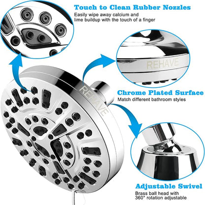 5.1-Inch Rainfall Shower Head with 63 Jets, 8 Spray Modes - Chrome Finish, Brass Angle-Adjustable, Anti-Clogging Silicone Nozzles