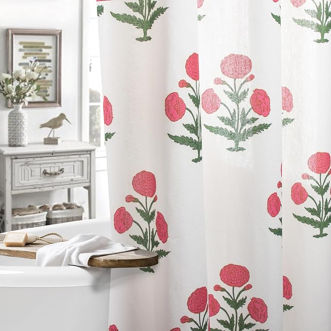 MUGINYU Pink Floral Shower Curtain-72x72 Inches,Cotton Blend Cloth Fabric,Girly Cute Coquette Style with Green Block Print for French Country Bathroom Decor