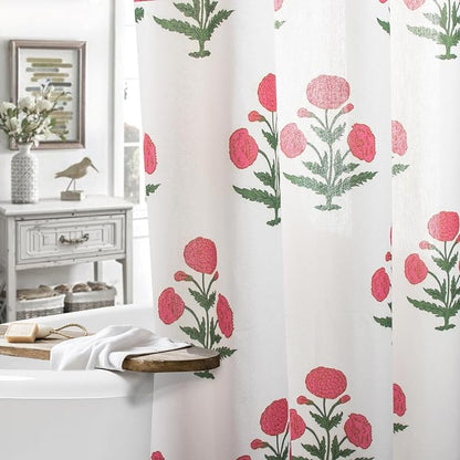 MUGINYU Pink Floral Shower Curtain-72x72 Inches,Cotton Blend Cloth Fabric,Girly Cute Coquette Style with Green Block Print for French Country Bathroom Decor