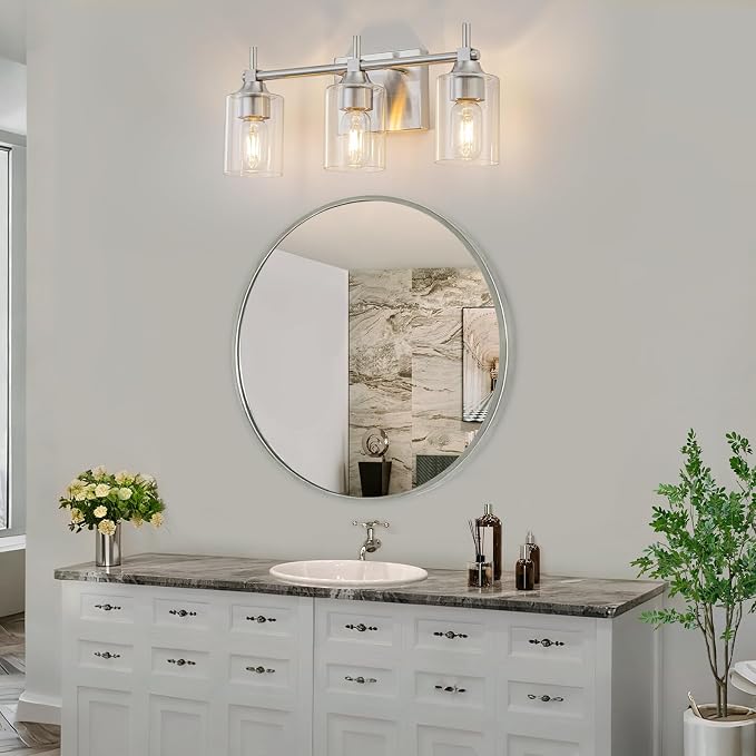 3-Light Modern Bathroom Vanity Light,Brushed Nickel Light Fixtures for Bathroom,Modern Wall Light Over Mirror with Glass E26 Socket (Bulbs Not Included)