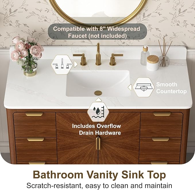 48 Inch Walnut Bathroom Vanity with Sink, Fully Assembled Solid Wood Bathroom Vanities with Soft Close Parquet Doors, Full Extension Dovetail Drawers, Calacatta Quartz Top & Backsplash