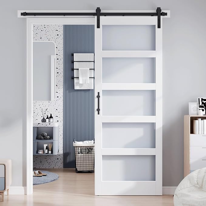 36x96 Inch Glass Sliding Barn Door Slab and 6.6ft Hardware Kit Included, 5 Frosted Glass, LVL Wood Panel Covered with White Water-Proof Scratch-Proof PVC Surface, Simple DIY Assembly