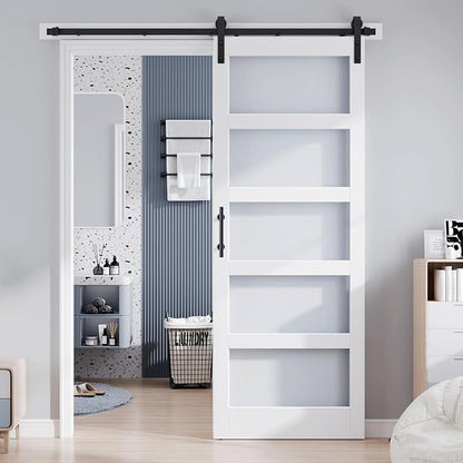 36x96 Inch Glass Sliding Barn Door Slab and 6.6ft Hardware Kit Included, 5 Frosted Glass, LVL Wood Panel Covered with White Water-Proof Scratch-Proof PVC Surface, Simple DIY Assembly