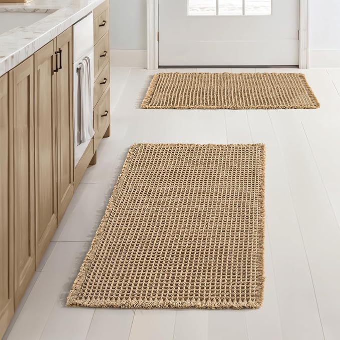 MIULEE Set of 2 Waffle Bathroom Rugs Boho Bath Mat Brown 17x24 Inch | Non Slip, Super Absorbent, Washable, Ultra Soft, Rubber Backed, Small Bath Rugs for Bathroom Floor Tub Shower