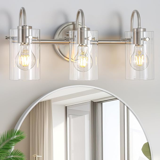3 Lights Vanity Light Fixture, Brushed Nickel Bathroom Wall Sconce | Modern Wall Light with Clear Glass Shade Farmhouse Wall Mount Porch Wall Lamp for Mirror, Kitchen, Living Room, Workshop