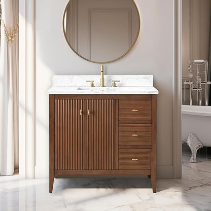 Vanity Art 36 inch Bathroom Vanity with Single Sink & Ceramic Top, Vanity Cabinet with Soft-Closing Door, Solid Wood Frame, Linear Pattern, Walnut, Golden Brushed Handware VA9136-Walnut-GB