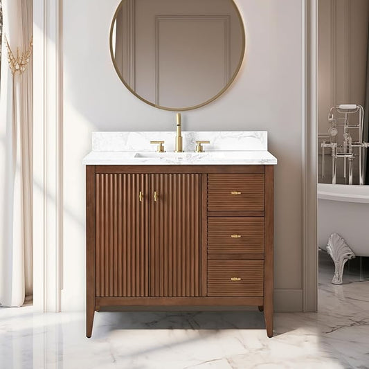 Vanity Art 36 inch Bathroom Vanity with Single Sink & Ceramic Top, Vanity Cabinet with Soft-Closing Door, Solid Wood Frame, Linear Pattern, Walnut, Golden Brushed Handware VA9136-Walnut-GB