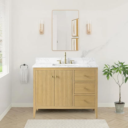 HOMEBEYOND 42" Bathroom Vanity with Sink, Solid Wood Bathroom Vanity Free-Standing Cabinet, Drawers, Ceramic Top & Soft Closing Door, Golden Brushed Handware, Natural Oak