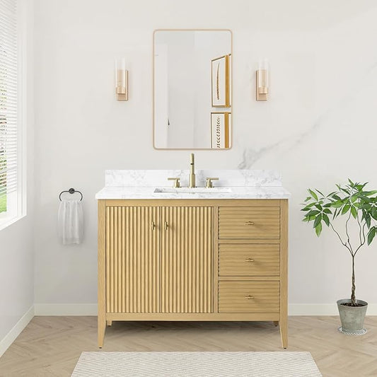 HOMEBEYOND 42" Bathroom Vanity with Sink, Solid Wood Bathroom Vanity Free-Standing Cabinet, Drawers, Ceramic Top & Soft Closing Door, Golden Brushed Handware, Natural Oak