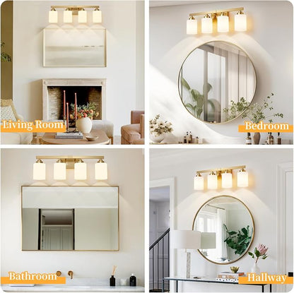 Bathroom Light Fixtures, Vanity Light Over Mirror Gold 4-Light Fixture | Modern bathroom vanity light fixture with metal frame, ideal for mirrors, bedrooms and hallways. Fits E26 bulbs.