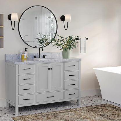 ARIEL Cambridge 54-inch Bathroom Vanity with Sink,Solid Wood, 1.5-inch Italian Carrara Marble Countertop, Single Rectangular Porcelain Sink, 2 Soft Closing Doors, 9 Dovetail Drawers, Grey