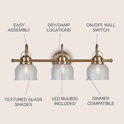 JONATHAN Y 25.25" Brass Gold Modern Bathroom Vanity Light, 3-Light LED Wall Sconce, Clear Glass Bell Shade for Mirror Hallway Kitchen, ETL Listed, LED Bulb Included (JYL7409B)