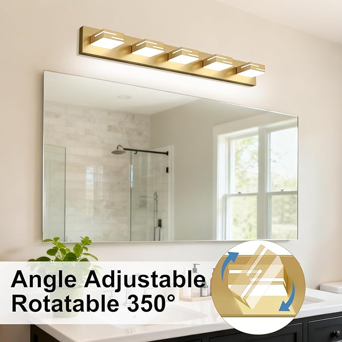 LED Modern Bathroom Vanity Light Fixtures, 5-Light 34-inch Dimmable Gold Vanity Lights for Bathroom Lighting Fixtures Over Mirror, with 350° Rotatable Heads (Cool White 6000K)