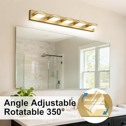 LED Modern Bathroom Vanity Light Fixtures, 5-Light 34-inch Dimmable Gold Vanity Lights for Bathroom Lighting Fixtures Over Mirror, with 350° Rotatable Heads (Cool White 6000K)