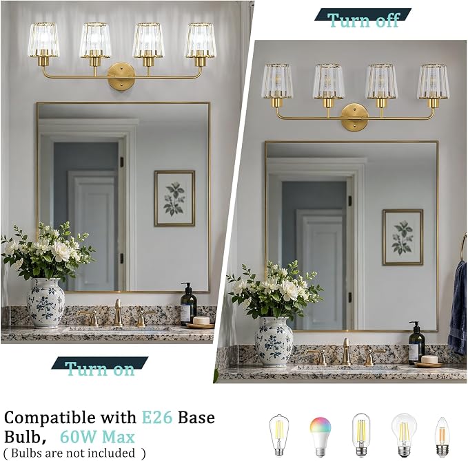 Brushed Gold Vanity Lights, 4-Light Crystal Bathroom Light Fixtures | Modern Bathroom Vanity Light E26 Wall Light over Mirror (Exclude Bulb)