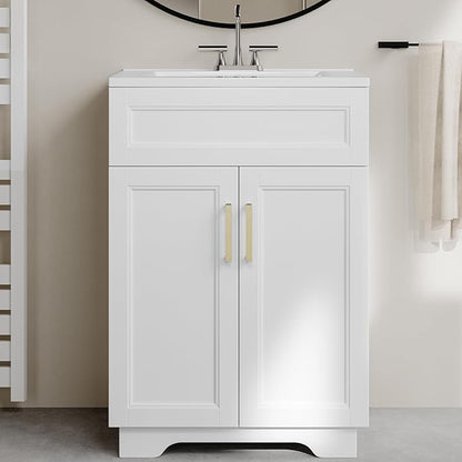 OLD CAPTAIN Bathroom Vanity with Ceramic Sink, Wooden Double Door Bathroom Storage Vanity with 24 Inch, Small Quick Assembly Bathroom Cabinet (White)
