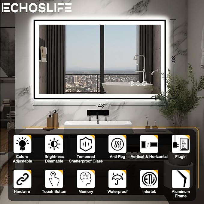 EchosLife 48x30 LED Bathroom Mirror - Black Aluminum Framed | Black Frame, Front and Backlit, Anti-Fog, Stepless Dimmable, 3 Colors, Memory, Tempered Glass, UL Listed, Horizontal/Vertical