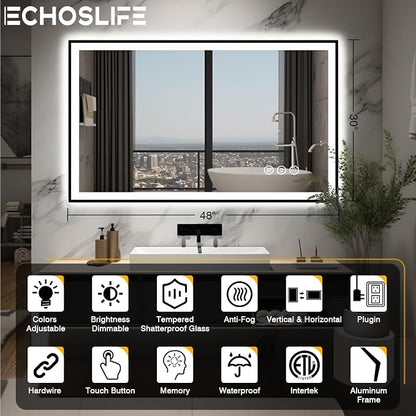 EchosLife 48x30 LED Bathroom Mirror - Black Aluminum Framed | Black Frame, Front and Backlit, Anti-Fog, Stepless Dimmable, 3 Colors, Memory, Tempered Glass, UL Listed, Horizontal/Vertical